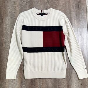 Tommy Hilfiger Cream and Red Colorblock Crewneck Sweater